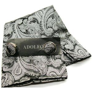 Adolfo Cufflinks Handkerchief Set Silver Tone Black Paisleys No Box